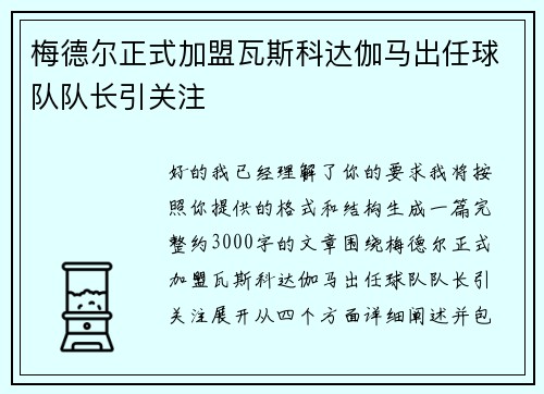 梅德尔正式加盟瓦斯科达伽马出任球队队长引关注
