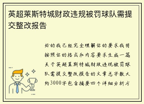 英超莱斯特城财政违规被罚球队需提交整改报告 英超莱斯特城财政违规被罚球队需提交整改报告